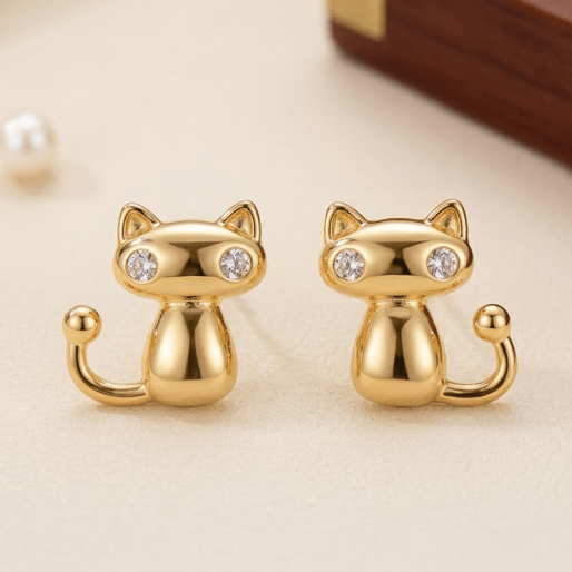 Gold Cat Stud Earrings